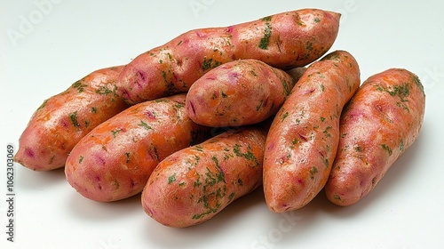 Fresh organic sweet potatoes with natural texture on display