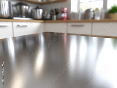 A smooth, reflective stainless steel kitchen counter with blurred background of modern appliances and white cabinets.
