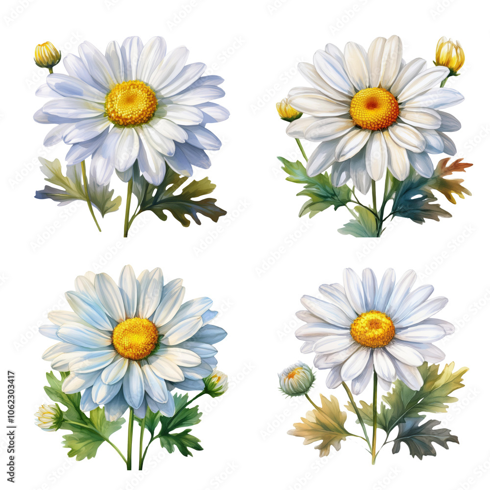 Fototapeta premium Watercolor illustration of a dainty daisy flower clipart, bright white petals with a yellow center