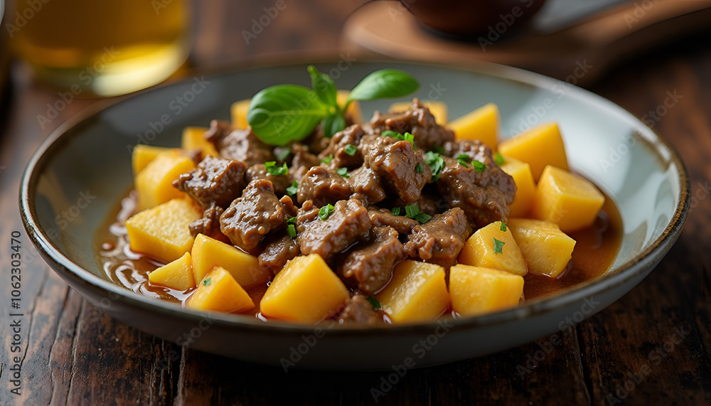 Beef Stroganoff served with diced potatoes in a savory sauce on a rustic plate Beef Stroganoff served with diced potatoes in a savory sauce on a rustic plate