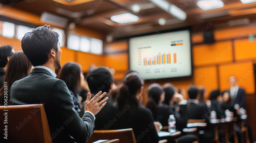 Fototapeta premium Rear view of a businessman at a seminar, raising his hand to ask a question in a conference room.