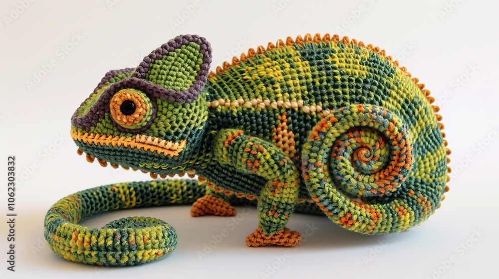 Obraz premium A detailed crochet chameleon features a variety of green shades with intricate patterns, highlighting craftsmanship and artistry in a serene indoor setting.