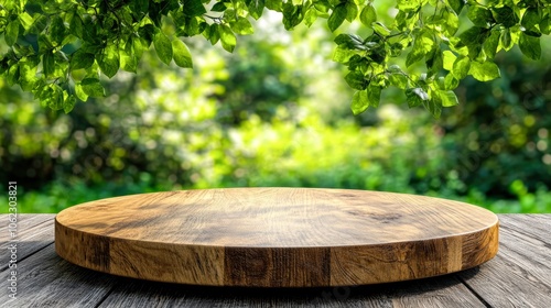 A wooden tabletop set against a lush green background creates a serene, natural ambiance, perfect for showcasing food, products, or promotional materials related to organic or outdoor themes, photo