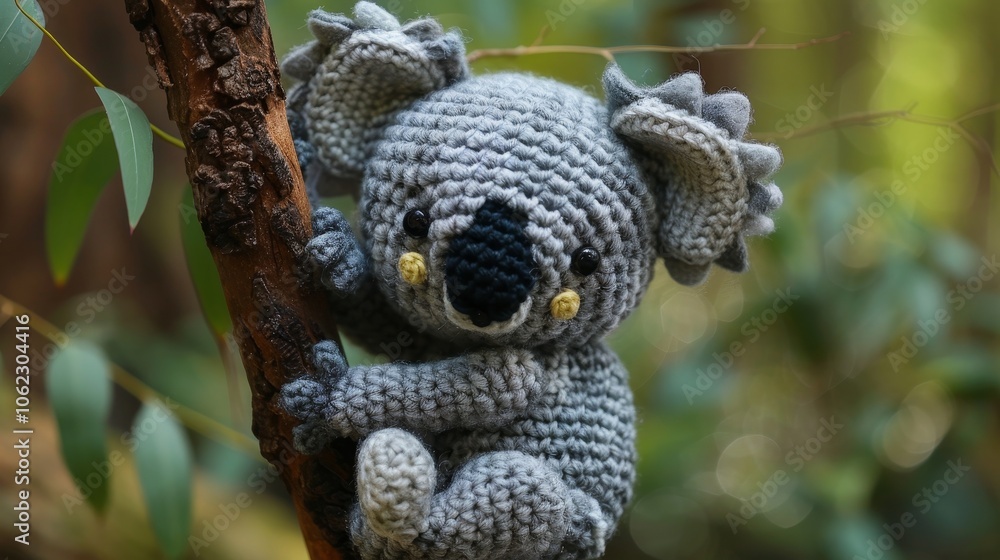 A handmade crocheted koala toy is shown clinging to a small branch in a beautiful natural setting, surrounded by a lush, vibrant green background of foliage. A handmade crocheted koala toy is shown clinging to a small branch in a beautiful natural setting, surrounded by a lush, vibrant green background of foliage.