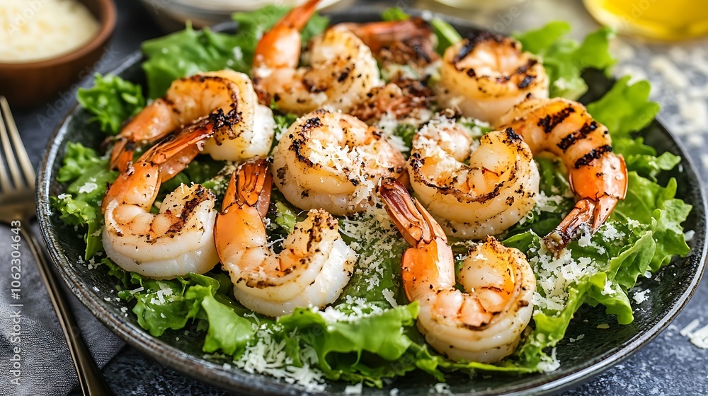 A fresh, crunchy Caesar salad topped with grilled shrimp and parmesan A fresh, crunchy Caesar salad topped with grilled shrimp and parmesan