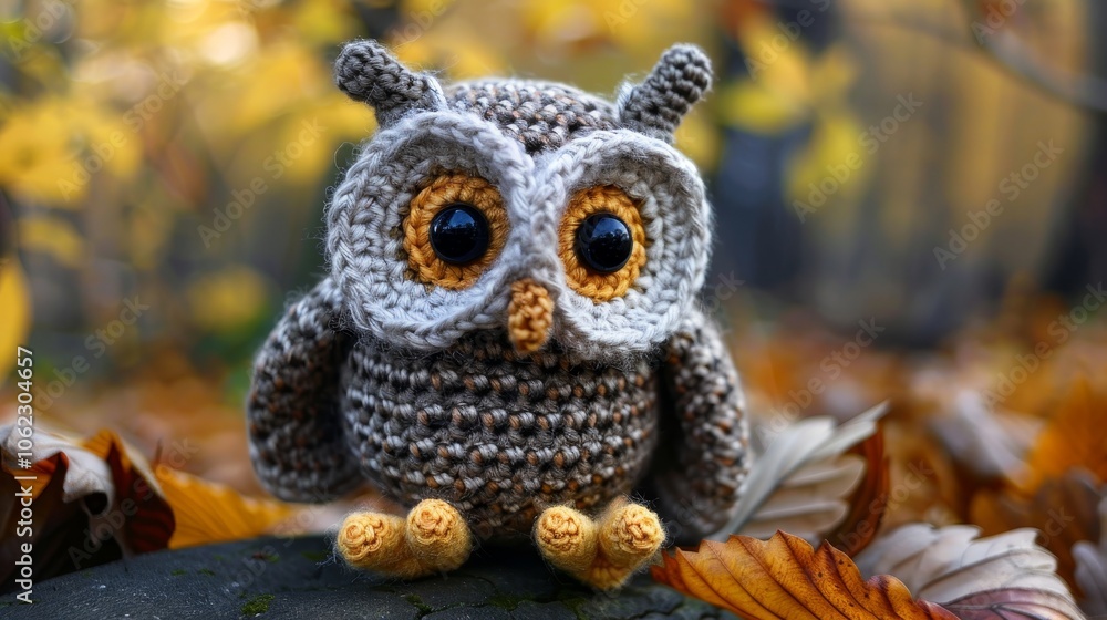 A beautifully crocheted owl with big eyes sits on a rock surrounded by autumn leaves, exuding wisdom and craftsmanship, perfect for nature lovers and crafters. A beautifully crocheted owl with big eyes sits on a rock surrounded by autumn leaves, exuding wisdom and craftsmanship, perfect for nature lovers and crafters.