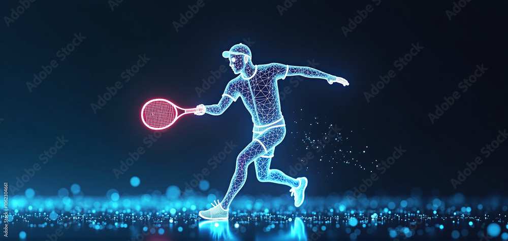 Obraz premium illustrative depiction of a tennis player made of bright graphic lines, dynamics and speed of the tennis game