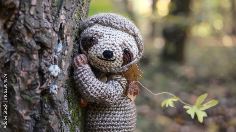 Obraz premium A handmade crocheted sloth clings to a tree, exuding charm and whimsical beauty. The earthy tones and adorable smile create a heartwarming scene in nature.