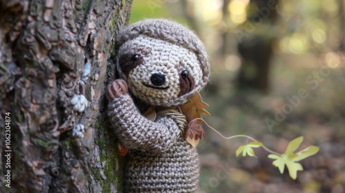 A handmade crocheted sloth clings to a tree, exuding charm and whimsical beauty. The earthy tones and adorable smile create a heartwarming scene in nature.