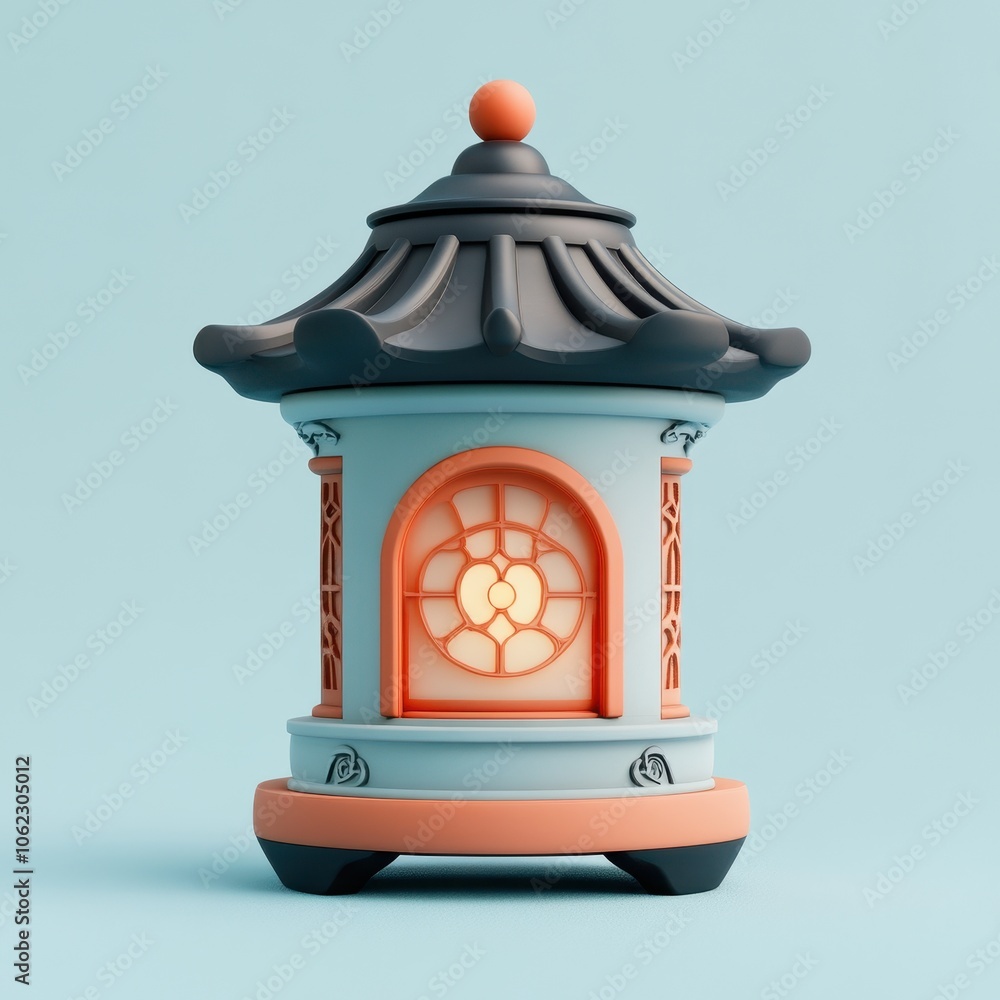 Ornate Lantern with Illuminated Window on Pale Blue Background Ornate Lantern with Illuminated Window on Pale Blue Background