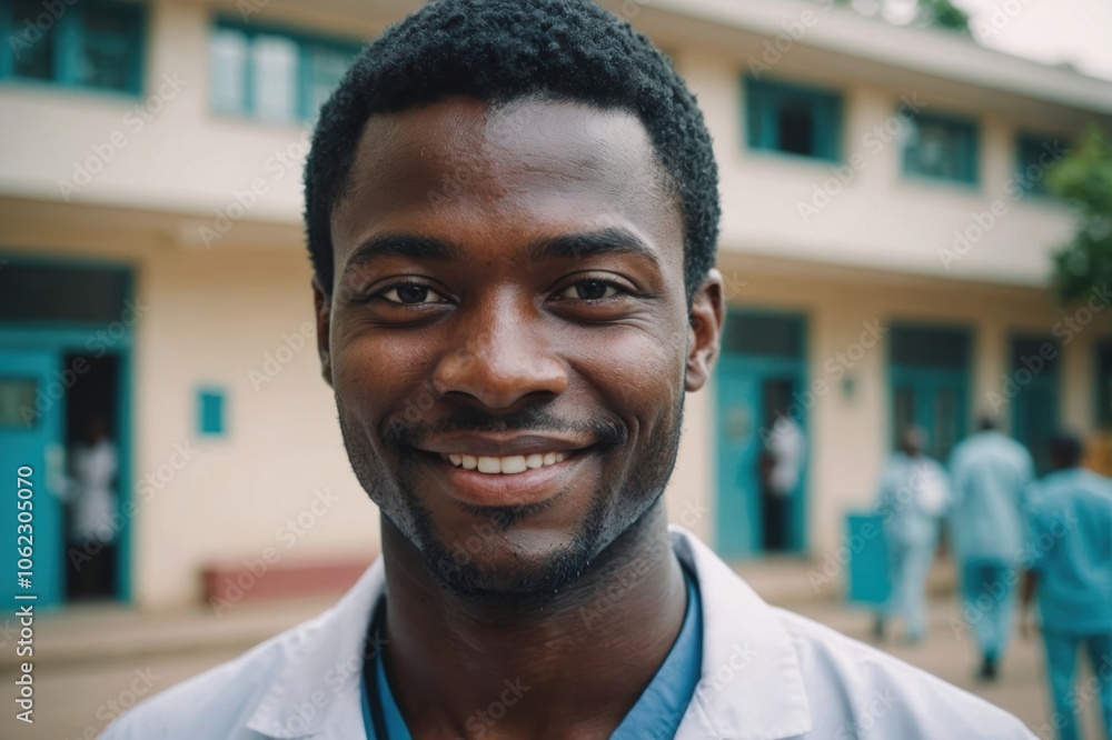 Close portrait of a smiling young Togolese man doctor looking at the camera, Togolese hospital blurred background Close portrait of a smiling young Togolese man doctor looking at the camera, Togolese hospital blurred background