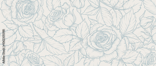 Luxury blue floral background. Elegant Rose flowers in line art style. Vector illustration for decoration, wall decor, wallpaper, cover, banner, poster, card, wedding invitation