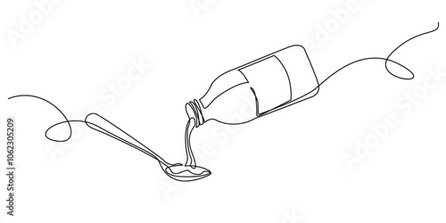 continuous line drawing of spoon and bottle of medicine syrup.one line drawing of bottle pouring medicine syrup into spoon.single line vector illustration.isolated white background