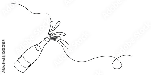 continuous line of exploding champagne bottles.one line drawing of exploding champagne bottles for celebration party.event celebration sign.single line vector illustration.isolated white background
