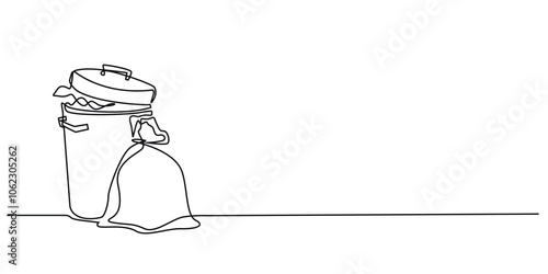 continuous line drawing of urban waste.one line drawing of rubbish bin and plastic rubbish full.single line of municipal waste.isolated white background