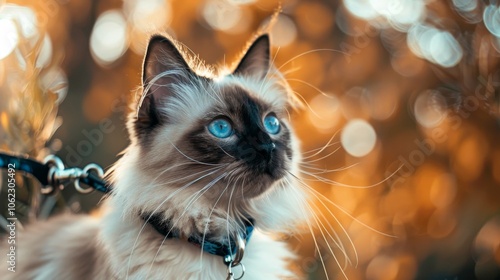 A vibrant cat with intense blue eyes on a leash, exploring the outdoors surrounded by nature's vivid colors, embodying curiosity and freedom. photo