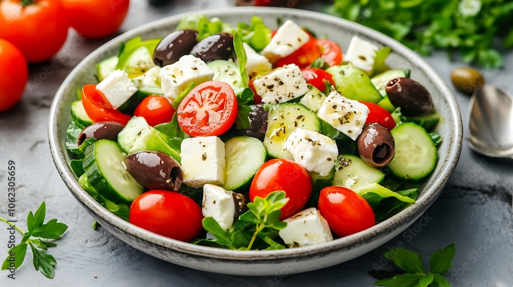 Fresh Greek salad with cucumbers, olives, feta, and zesty dressing
Fresh Greek salad with cucumbers, olives, feta, and zesty dressing