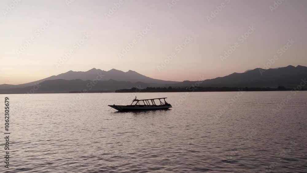 Impresionante vista aérea del mar de las Islas Gili en Lombok. Este vídeo muestra un barco amarrado en el mar al atardecer rodeado de la Isla de Lombok. Impresionante vista aérea del mar de las Islas Gili en Lombok. Este vídeo muestra un barco amarrado en el mar al atardecer rodeado de la Isla de Lombok.
