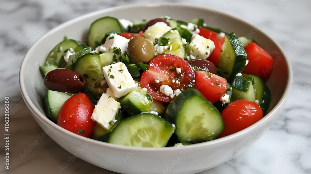 Fresh Greek salad with cucumbers, olives, feta, and zesty dressing
Fresh Greek salad with cucumbers, olives, feta, and zesty dressing