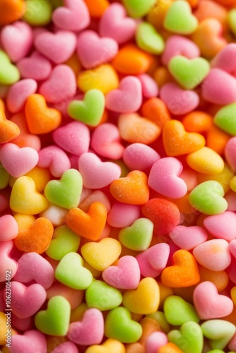 Colorful heart candy background: sweet vibrant confectionery in pink, orange, and green