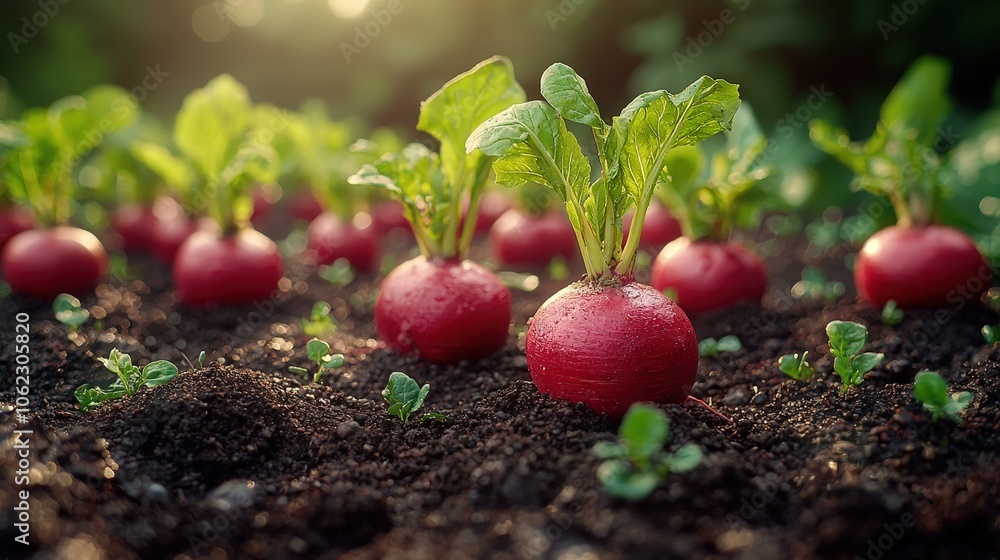 Fresh red radishes growing in garden soil at sunrise Fresh red radishes growing in garden soil at sunrise