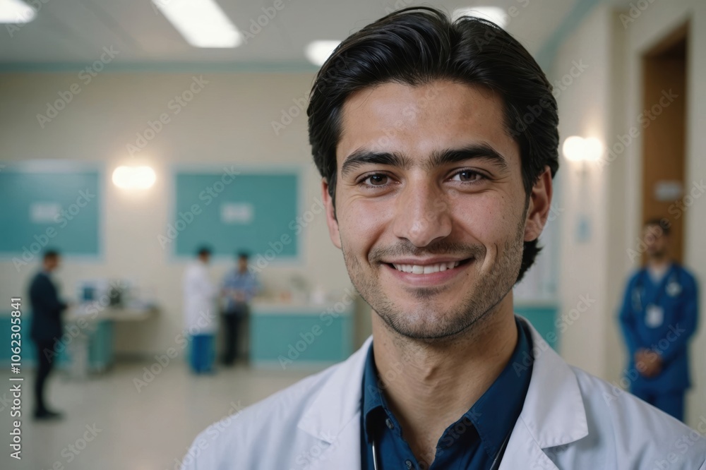 Close portrait of a smiling young Turkmen man doctor looking at the camera, Turkmen hospital blurred background Close portrait of a smiling young Turkmen man doctor looking at the camera, Turkmen hospital blurred background