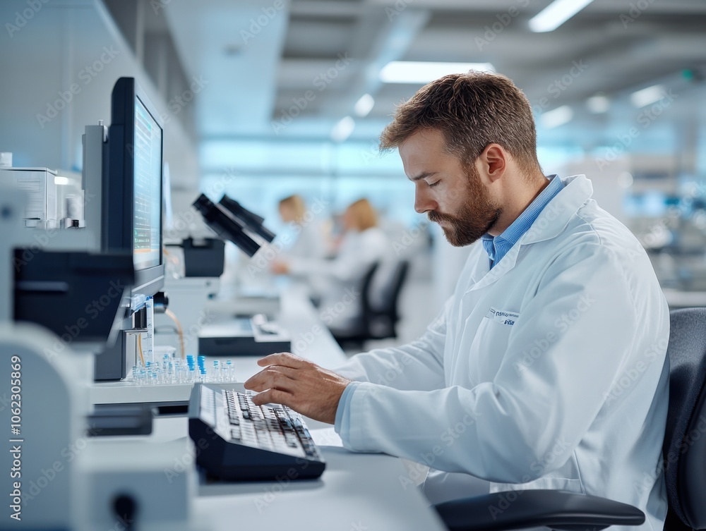 Researchers in a modern lab conduct experiments and analyze data on computers. They appear focused and professional in their scientific environment. Researchers in a modern lab conduct experiments and analyze data on computers. They appear focused and professional in their scientific environment.
