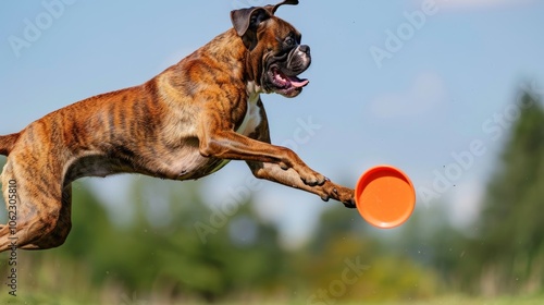 A high-spirited dog is captured mid-leap as it energetically chases after an orange frisbee on a sunny day in an open field, full of life and energy. photo