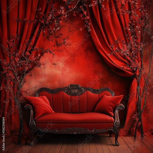 Romantic Red Silk Digital Backdrop: Boudoir and Studio Photography Overlays with Luxurious Sofa and Curtain Textures for Photoshop photo