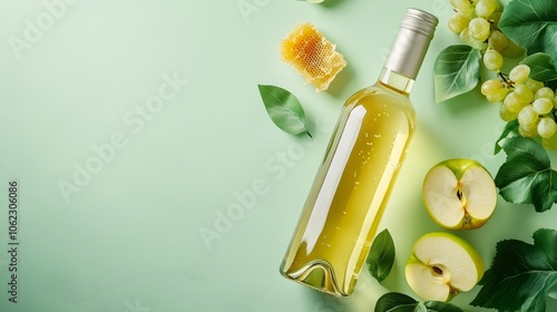 White wine bottle with green apples and grapes on pastel background