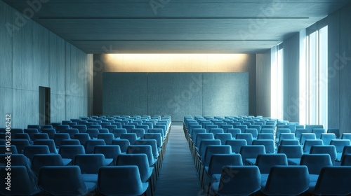 Empty Auditorium with Blue Chairs