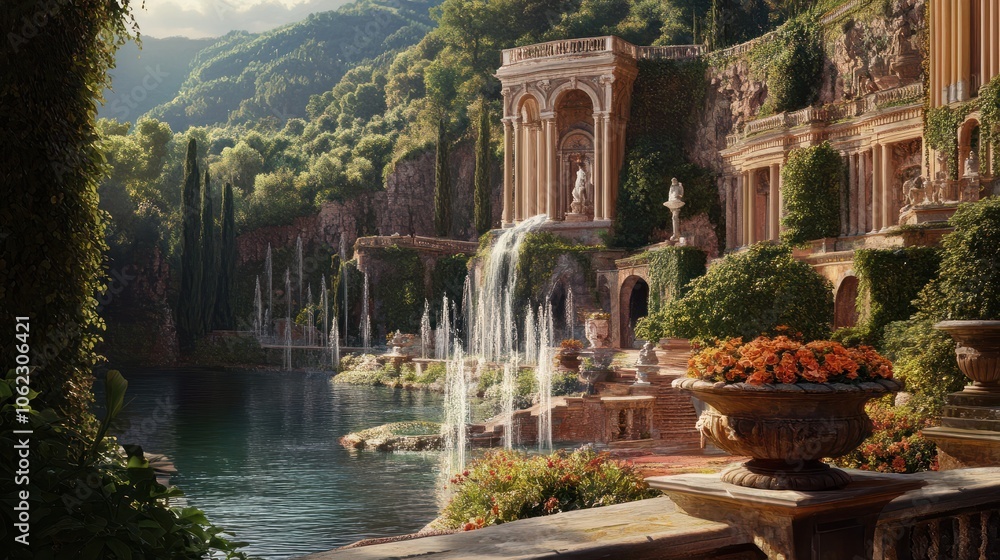 Obraz premium Villa d'Este, Tivoli, Italy. The Hundred Fountains. Italian Renaissance garden and fountains
