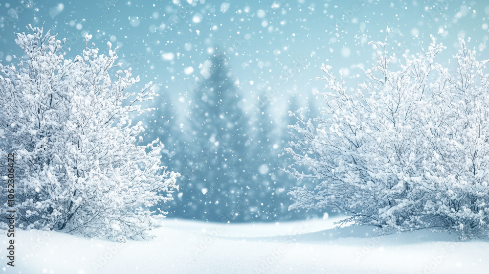 Snow-covered trees with a soft snowfall blanketing the landscape, copy space, winter mood Snow-covered trees with a soft snowfall blanketing the landscape, copy space, winter mood