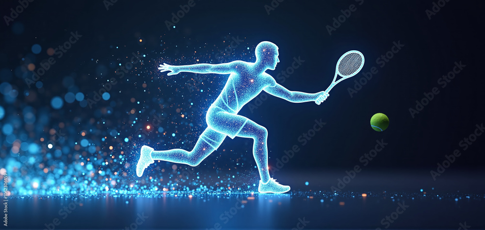 illustrative depiction of a tennis player made of bright graphic lines, dynamics and speed of the tennis game illustrative depiction of a tennis player made of bright graphic lines, dynamics and speed of the tennis game
