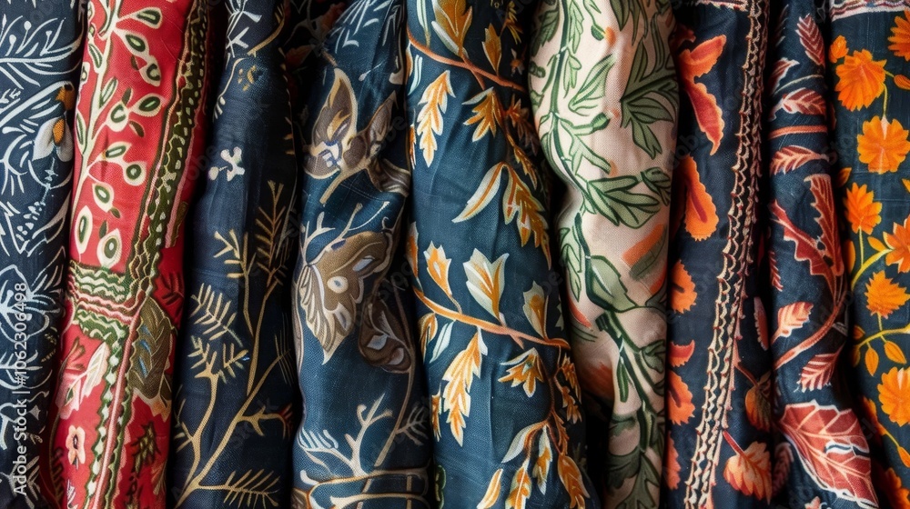 Draped batik fabrics exhibit a variety of intricate leaf and floral motifs in earthy tones, reflecting a sense of tradition and cultural authenticity. Draped batik fabrics exhibit a variety of intricate leaf and floral motifs in earthy tones, reflecting a sense of tradition and cultural authenticity.