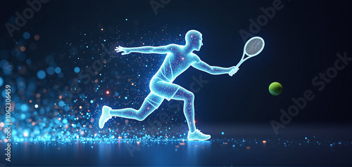 illustrative depiction of a tennis player made of bright graphic lines, dynamics and speed of the tennis game