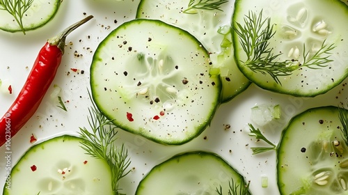 Fresh cucumber and chili slices with dill and seasoning