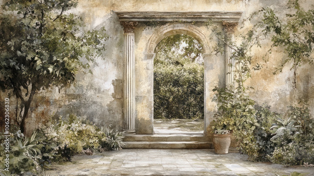 Obraz premium Watercolor Garden Tapestry: Serenity in an Ancient Greek Villa