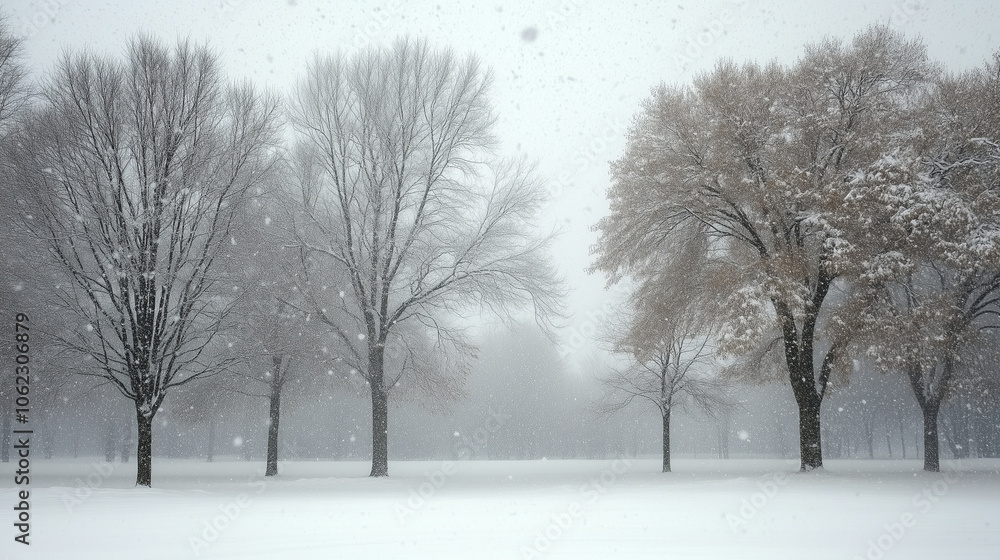 Snow-covered trees with a soft snowfall blanketing the landscape, copy space, winter mood Snow-covered trees with a soft snowfall blanketing the landscape, copy space, winter mood