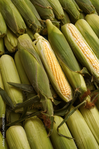 Fresh corn cobs as background. Ripe corn heads with corn whiskers and leaves. Nice vegetable cooking background for your projects.