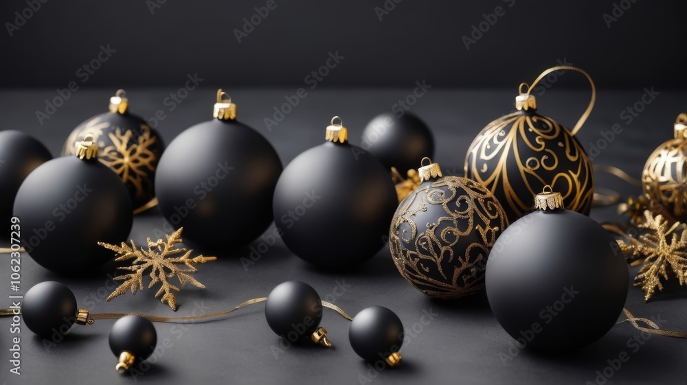 Fototapeta premium Elegant black and gold Christmas background with luxurious holiday decor