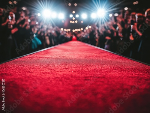 A vibrant red carpet leads to a dazzling stage illuminated by bright lights, with an audience on either side capturing the event. photo