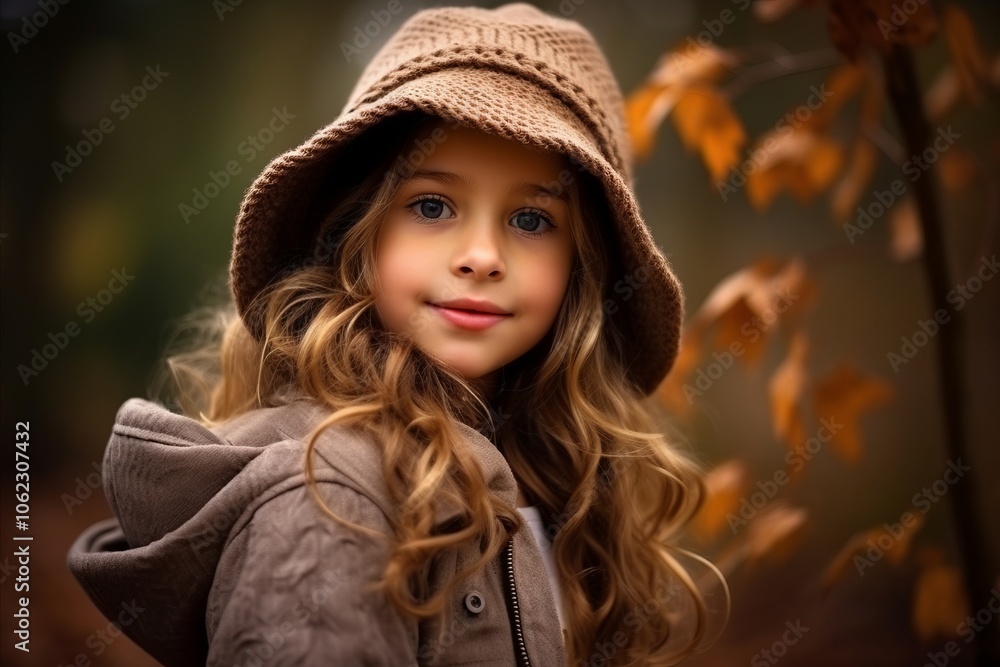 portrait of a beautiful little girl in a hat on a background of autumn forest portrait of a beautiful little girl in a hat on a background of autumn forest