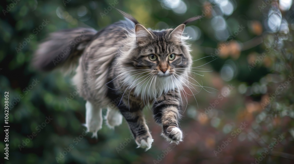 A majestic, fluffy cat leaps gracefully through a lush garden, capturing a moment of freedom, agility, and the spirit of adventure in its expressive pose.