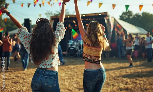 Two friends having fun at a music festival