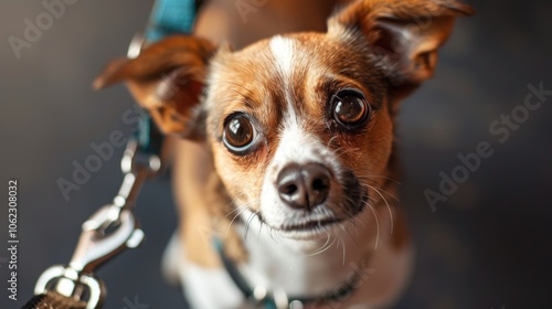 A small, cute brown and white dog on a leash, gazing up curiously with expressive eyes, conveying a sense of innocence, playfulness, and companionship.