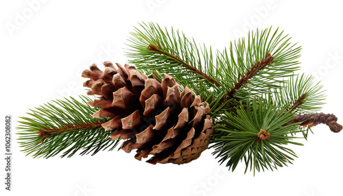 Pine Branch with Cones on White Background