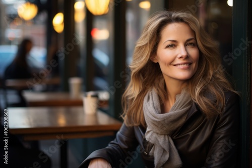 Portrait of a beautiful young woman sitting in a cafe and smiling.