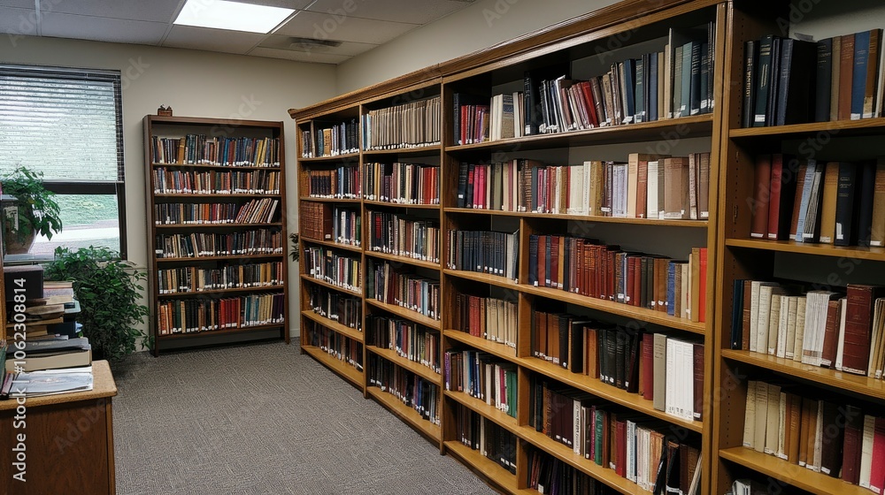 A quiet library filled with books on wooden shelves A quiet library filled with books on wooden shelves