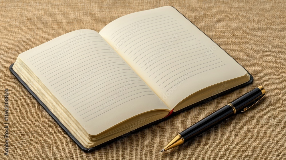 Empty notebook with a pen resting beside it on a textured surface Empty notebook with a pen resting beside it on a textured surface